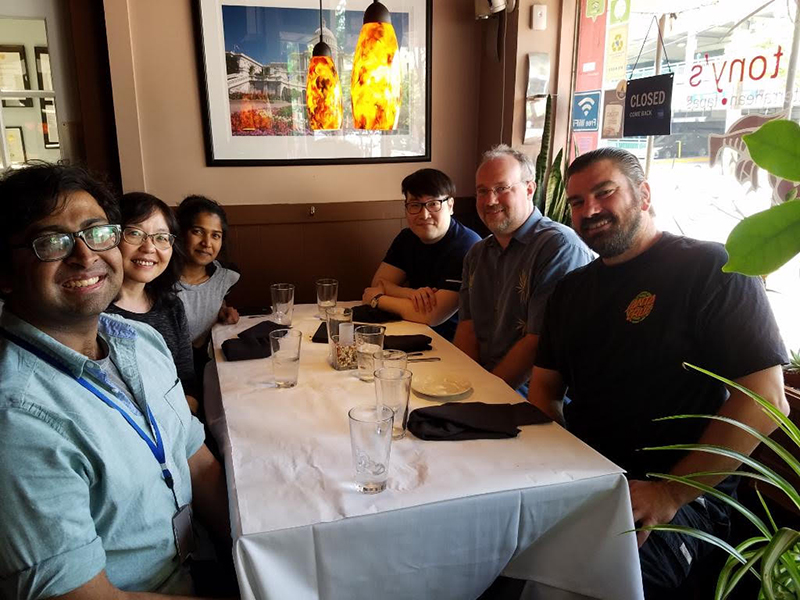 Group photo of lab out to lunch in May 2019.