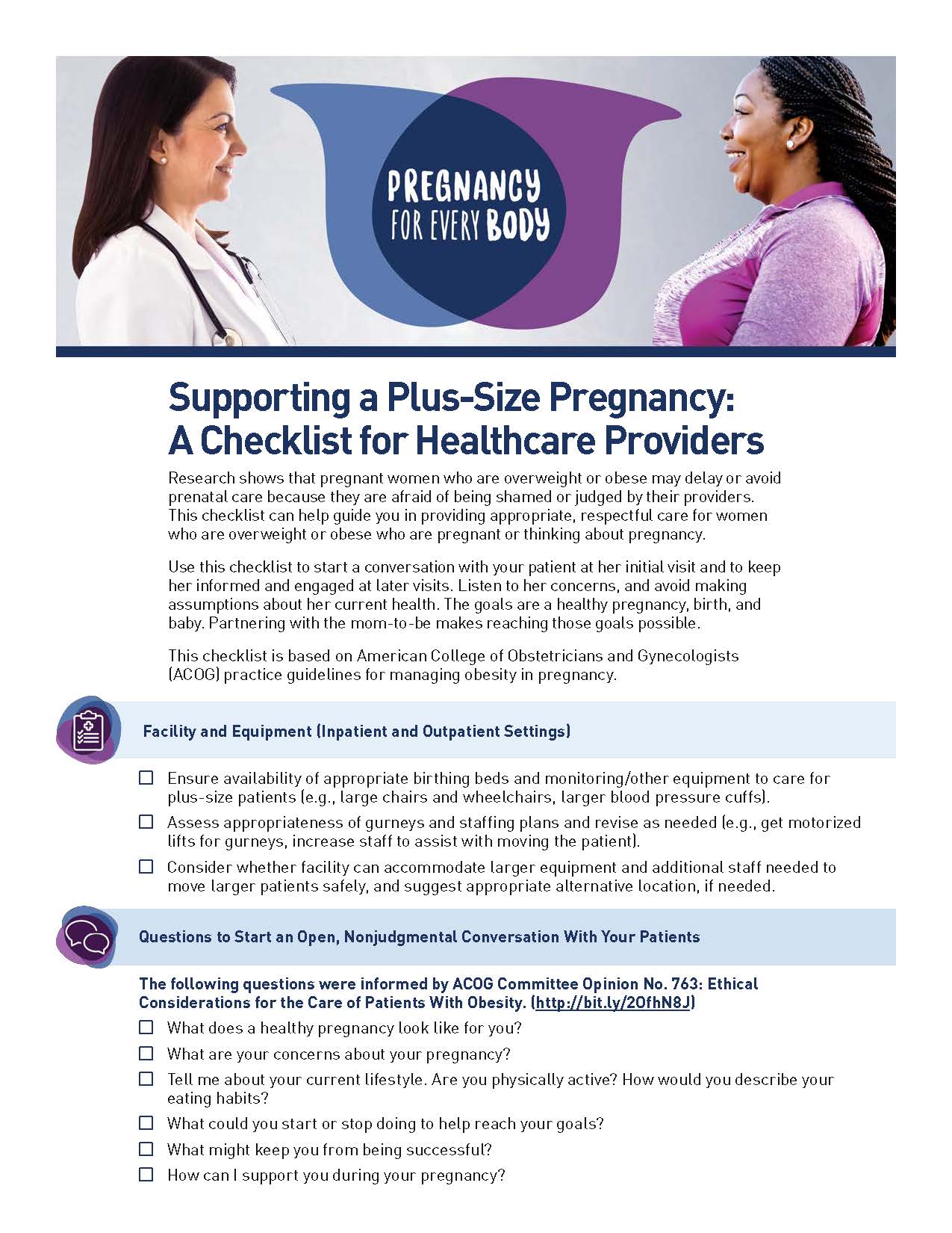 Front of the Pregnancy for Every Body Checklist for Healthcare Providers Handout
