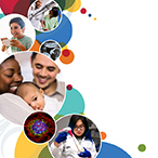 Colorful circles with images of a rehabilitation patient and nurse, a child eating, an ultrasound of a fetus, a biracial couple and infant, fluorescent cell microscopy, and a female researcher pipetting in the lab.