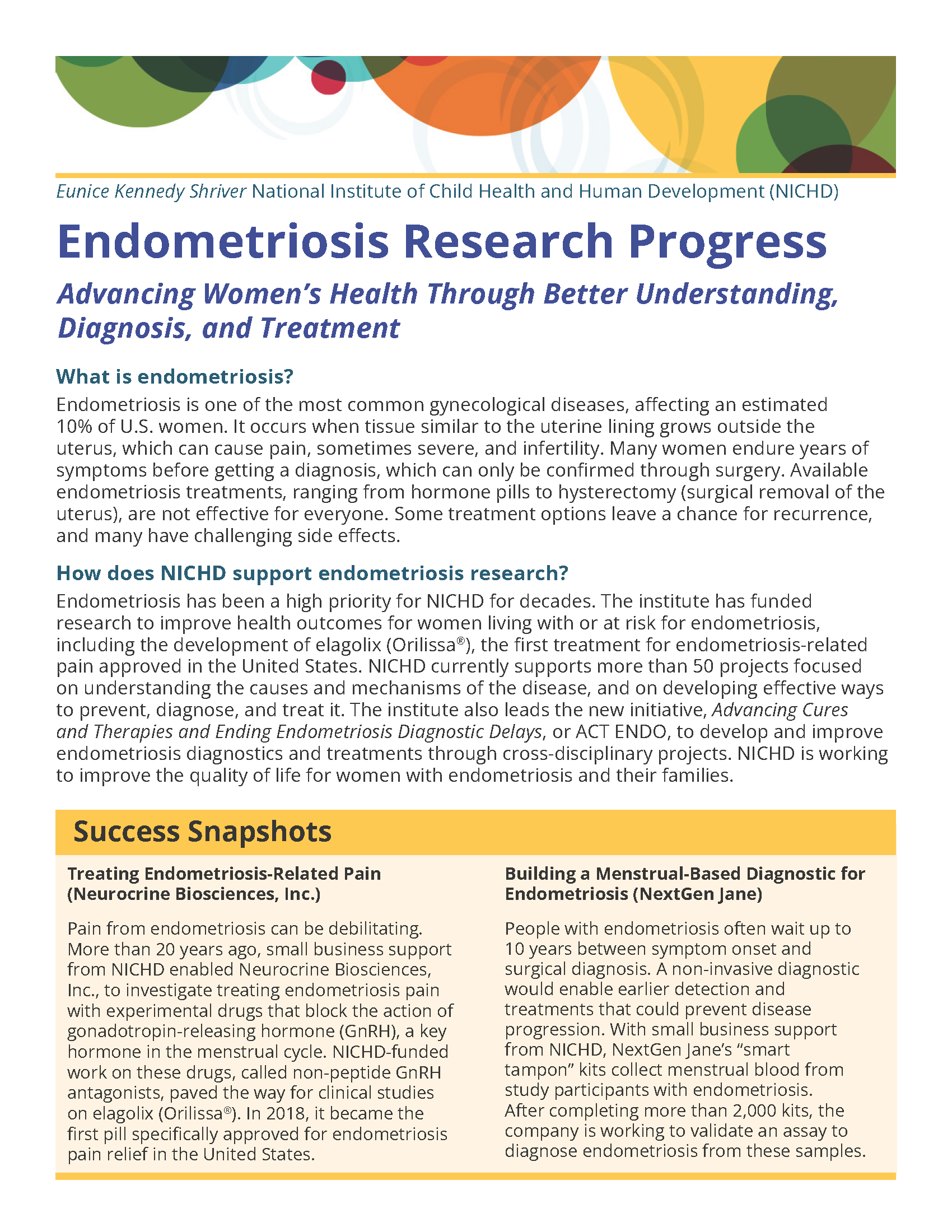 Front side of the NICHD Endometriosis Research Advances Fact Sheet