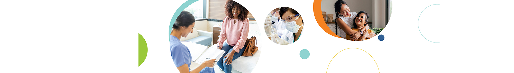 A series of three circular images related to women‘s heath, including a woman and a health care provider (left), a person in a lab with a test tube (center), and two multi-generational women smiling at each other (right).