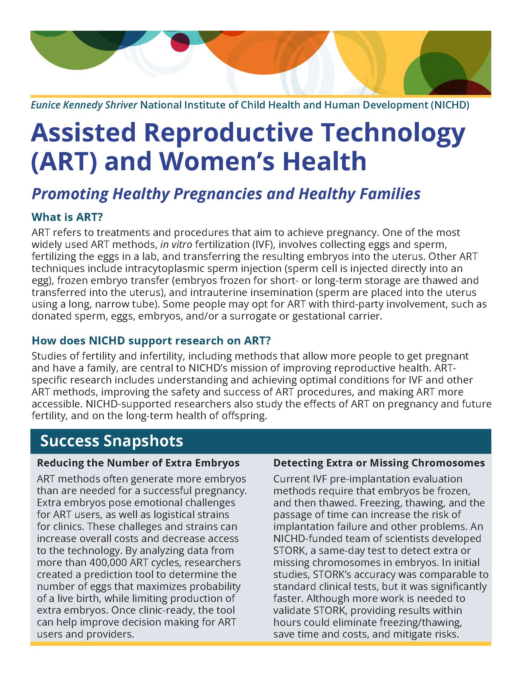 Front of the NICHD Assisted Reproductive Technology (ART) and Women's Health Fact Sheet