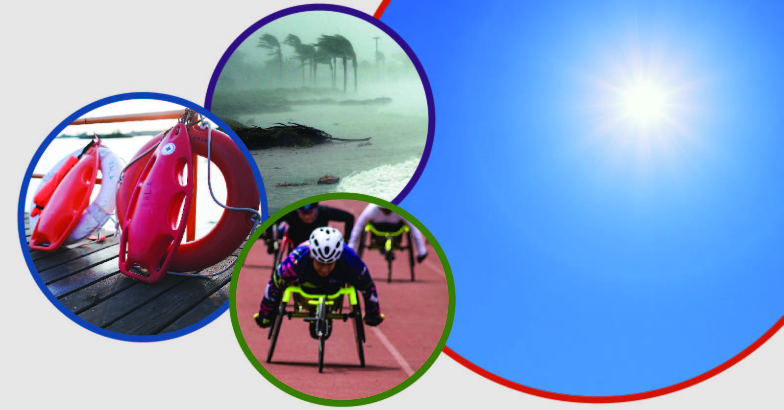 Shining sun, windy beach with palm trees, lifesaving devices on a dock overlooking the water, wheelchair racer.