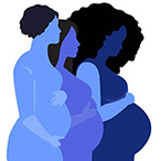 Illustrated silhouettes of three pregnant people. Connecting the Community for Maternal Health Challenge. Logo of the Eunice Kennedy Shriver National Institute of Child Health and Human Development.