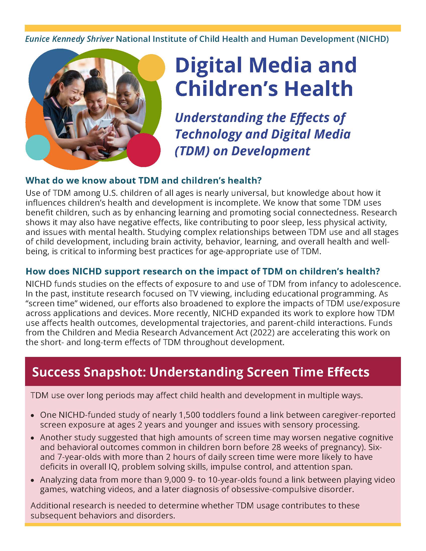 Front of the Technology and Digital Media (TDM) and Children's Health fact sheet