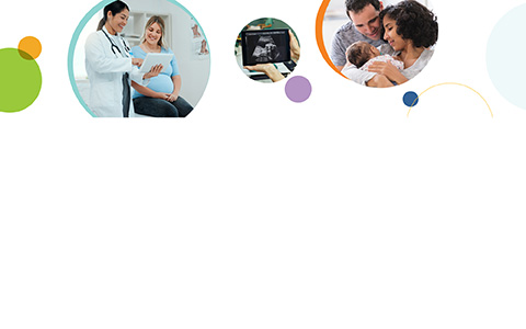 A series of three circular images related to maternal health research. The first image (left) shows a doctor reviewing medical information on a tablet with a pregnant woman. The middle image shows an ultrasound scan on a handheld device. The third image (right) shows a couple smiling while holding their newborn baby. The images are surrounded by colorful, overlapping circles in green, orange, purple, and blue.