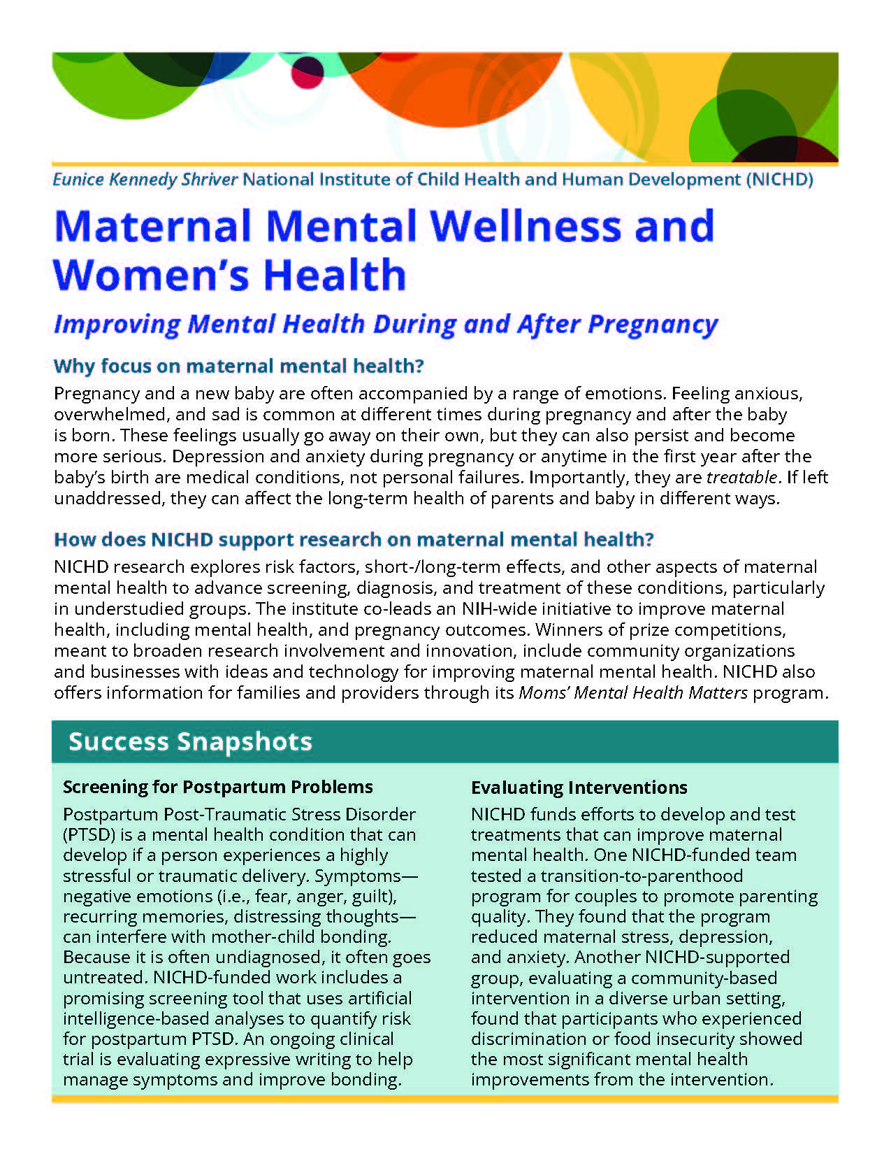 Front side of the Maternal Mental Wellness and Women's Health Fact Sheet