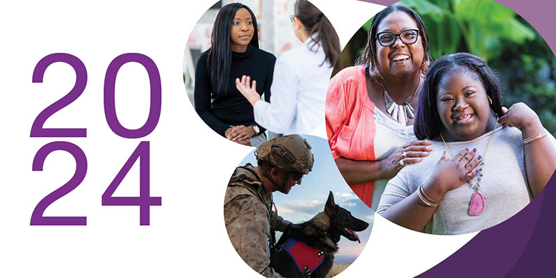 2024. A patient and healthcare provider have a discussion. A young woman with Down syndrome smiles with her grandmother in an outdoor setting. A military member with a service dog.