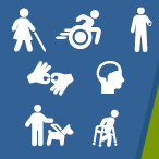 Community Champions for Disability Health Challenge. Logo of the NIH Eunice Kennedy Shriver National Institute of Child Health and Human Development. Seven disability icons, including a stick figure in a dress holding a white cane, a stick figure operating a wheelchair, a stick figure with a lower arm amputation, two hands signing for sign language interpretation, a head above the neck with the brain highlighted, a stick figure using a service animal, and a stick figure using a walker.