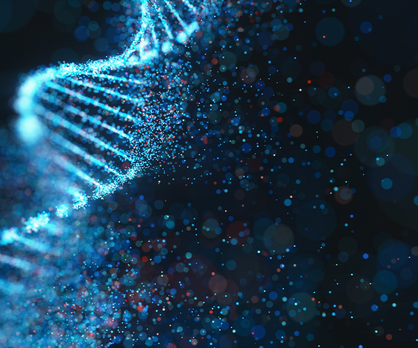 An artist’s rendition of a light blue DNA strand on the left side, against a dark, multi-colored dotted background.