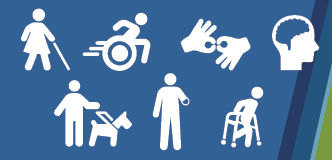 Community Champions for Disability Health Challenge. Logo of the NIH Eunice Kennedy Shriver National Institute of Child Health and Human Development. Seven disability icons, including a stick figure in a dress holding a white cane, a stick figure operating a wheelchair, a stick figure with a lower arm amputation, two hands signing for sign language interpretation, a head above the neck with the brain highlighted, a stick figure using a service animal, and a stick figure using a walker.