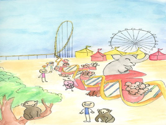 Animals riding on a DNA helix, with a Ferris wheel and roller coaster in the background.