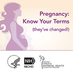 Online badge - A pregnant woman with text of 'Pregnancy: Know Your Terms (they’ve changed!) Graphics: HHS, NIH, NICHD, NCMHEP logos.