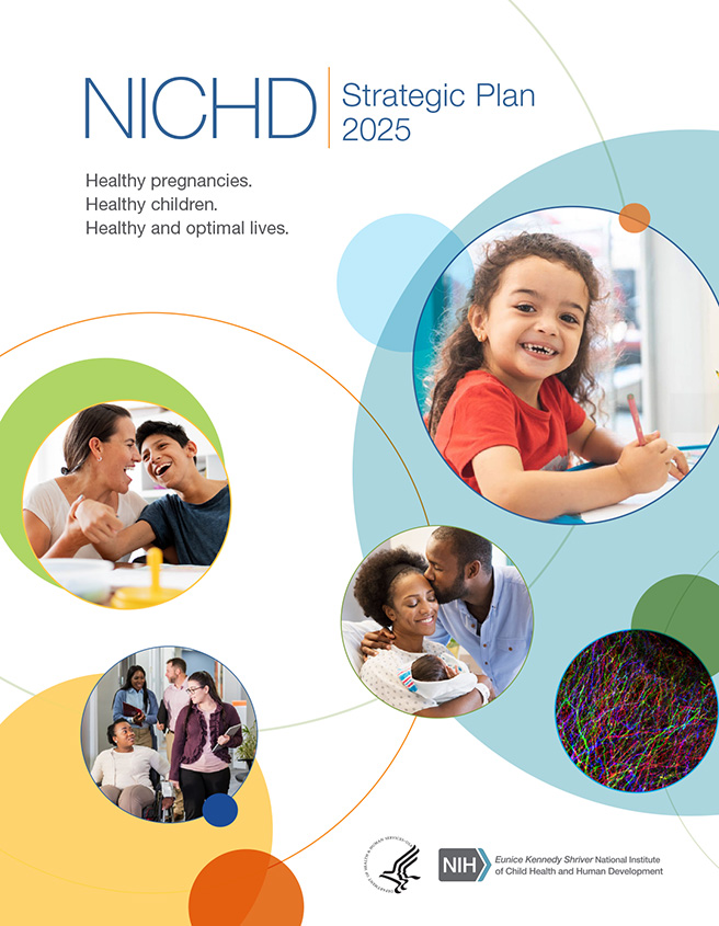 NICHD Strategic Plan 2025 cover. Healthy pregnancies. Healthy children. Healthy and optimal lives. Logos for the U.S. Department of Health and Human Services and NICHD are in the lower right corner. 