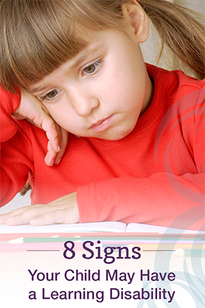 Child reading book; text at bottom: 8 Signs of a Possible Learning Problem