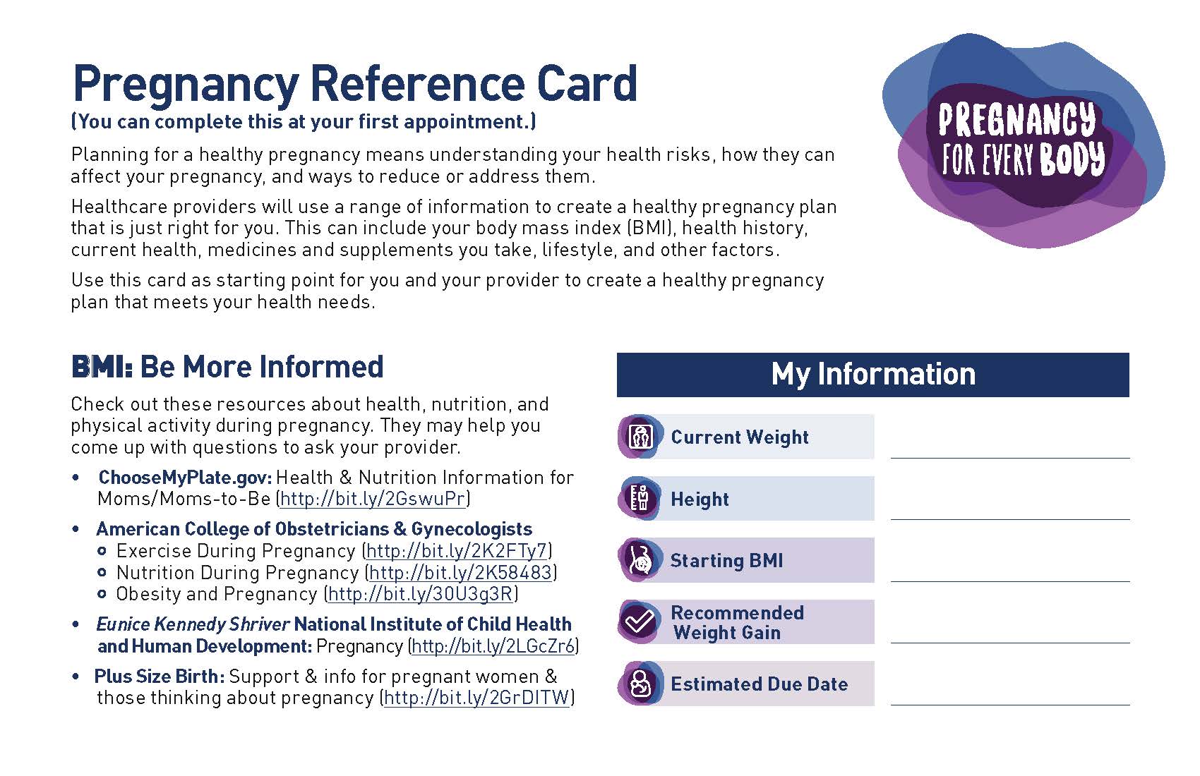 Image of the Pregnancy for Every Body Factsheet: Pregnancy Reference Card.