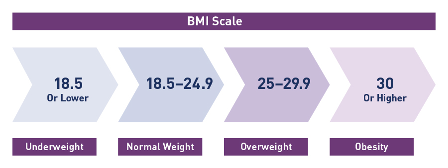 A body mass index (BMI) scale. BMI of 18.5 or lower is underweight. BMI of 18.5 to 24.9 is normal weight. BMI of 25 to 29.9 is overweight. BMI of 30 or higher is obesity.