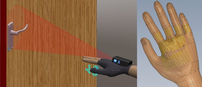 Illustrations show an arm with a hand assistive device approaching a door handle and a hand with braille-like dots that convey the shape of the door to the user.